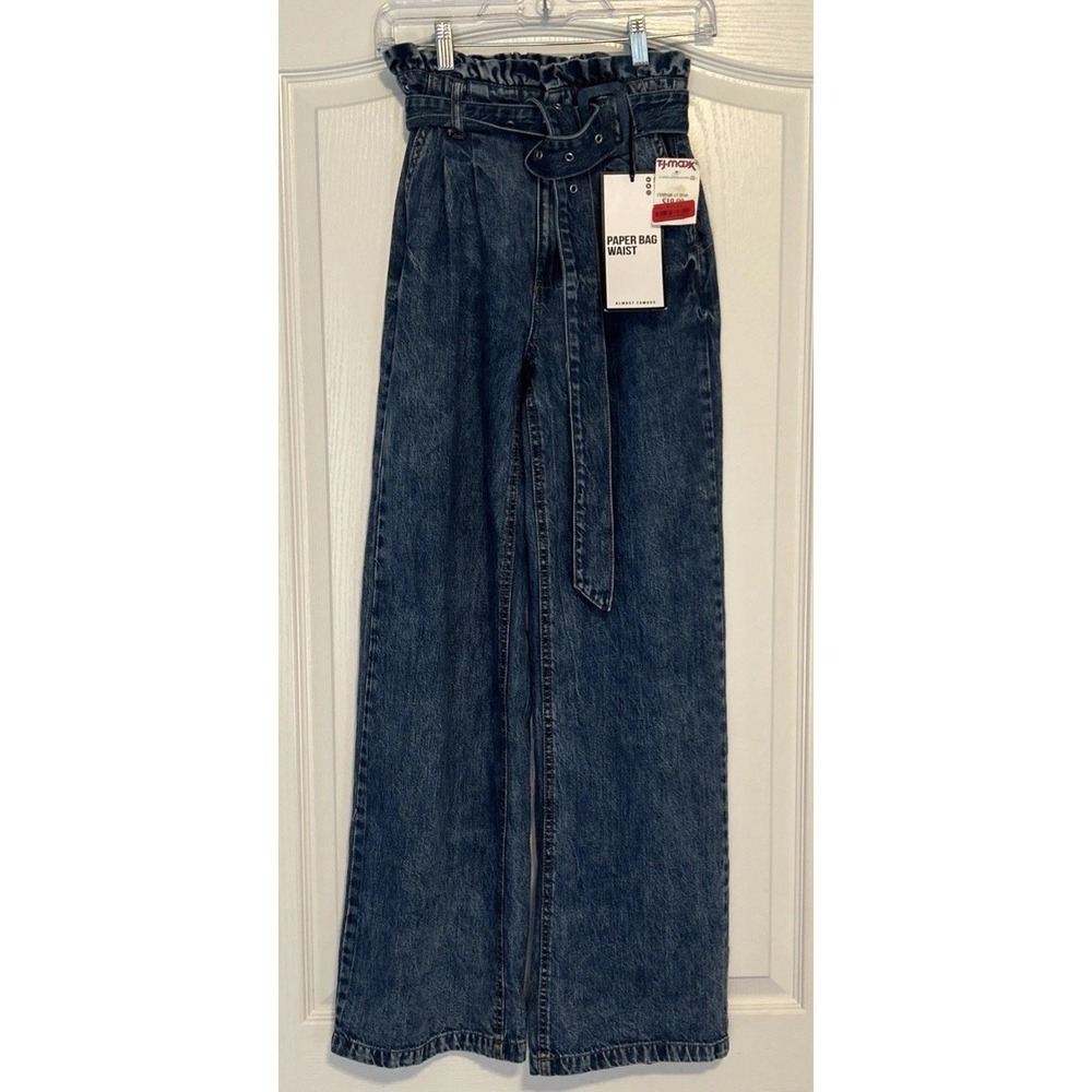 Almost Famous Jeans Womens 0 Medium Wash Paper Bag Waist Belted Wide Leg NEW